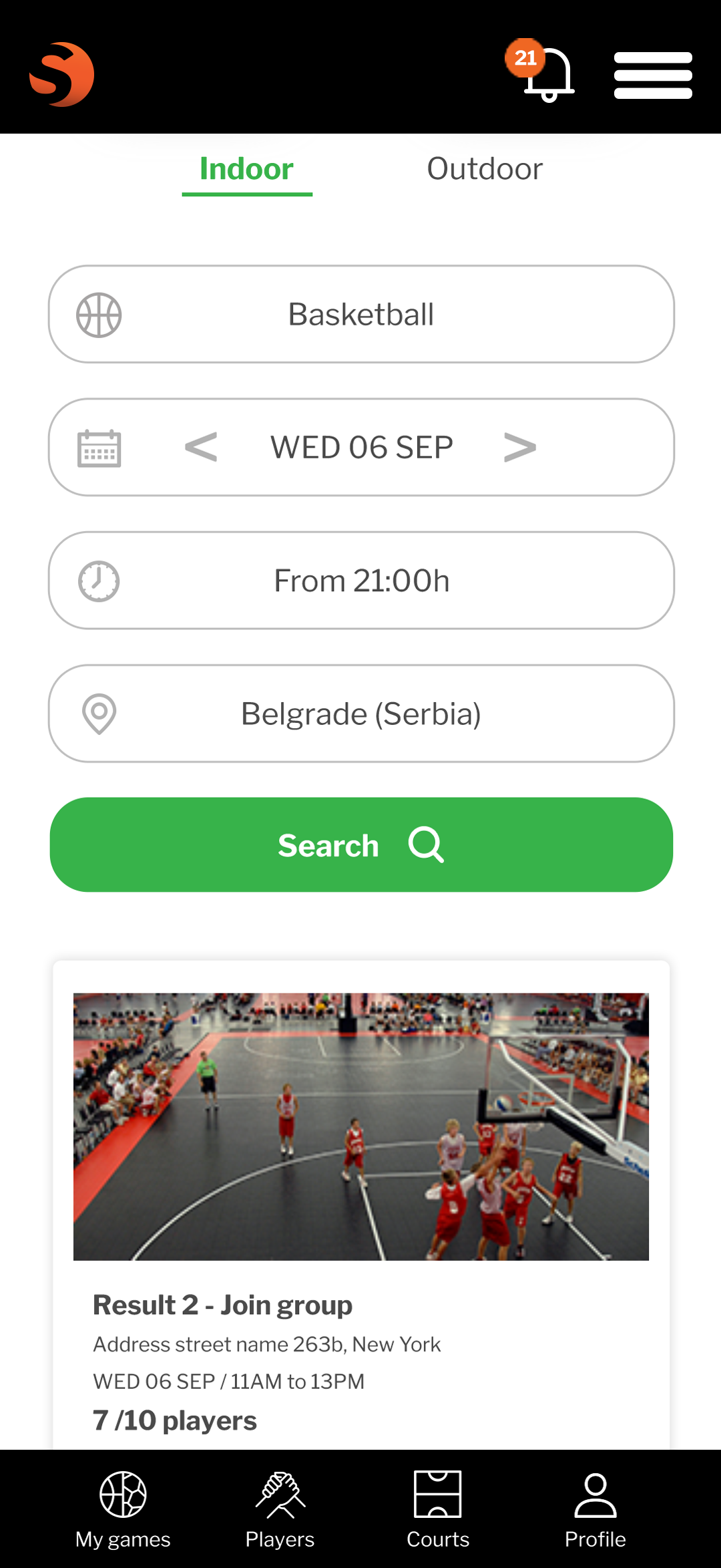 Sportslots mobile court search screen